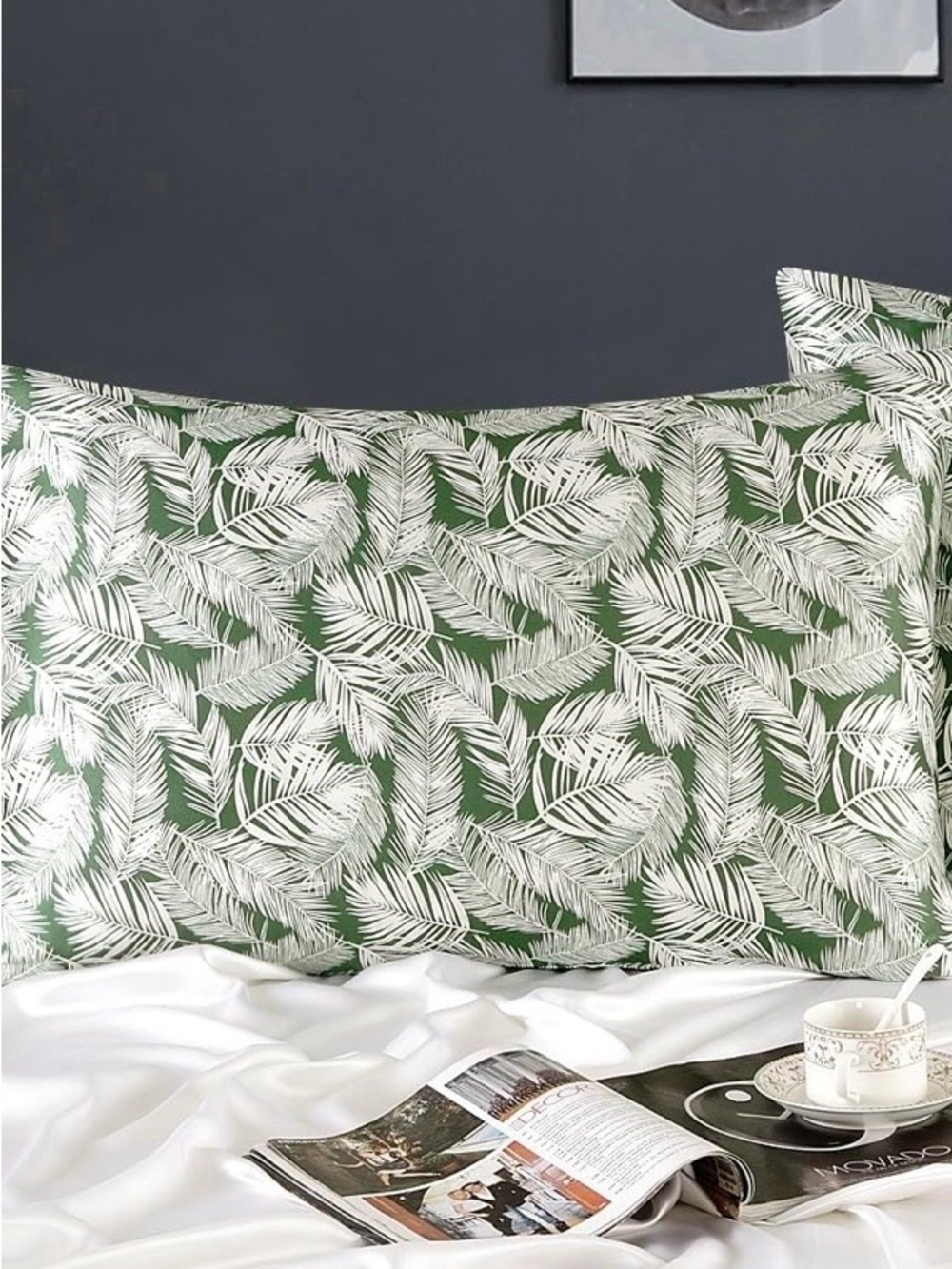 Green Palm Leaf Decorative Silk Pillowcase - Set of 1